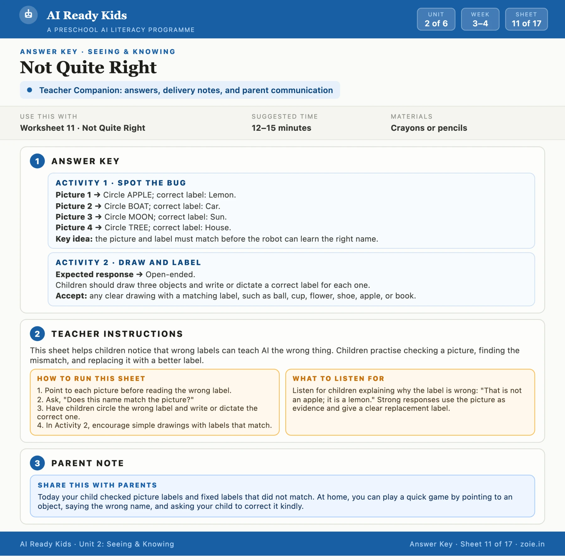 AI Ready Kids answer key and teacher guidance sample